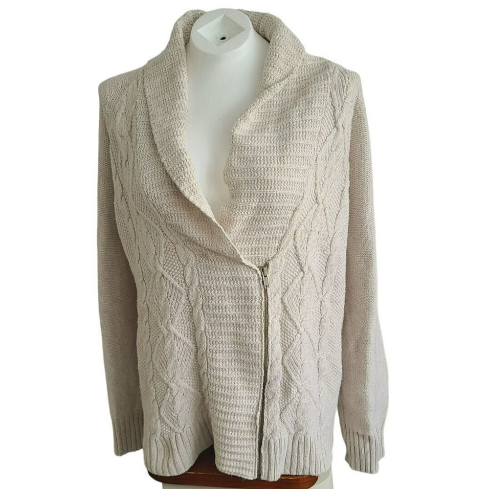 Eddie Bauer Womens XXL Oatmeal‎ Beige Cable Knit Asymmetrical Side Zip Cardigan